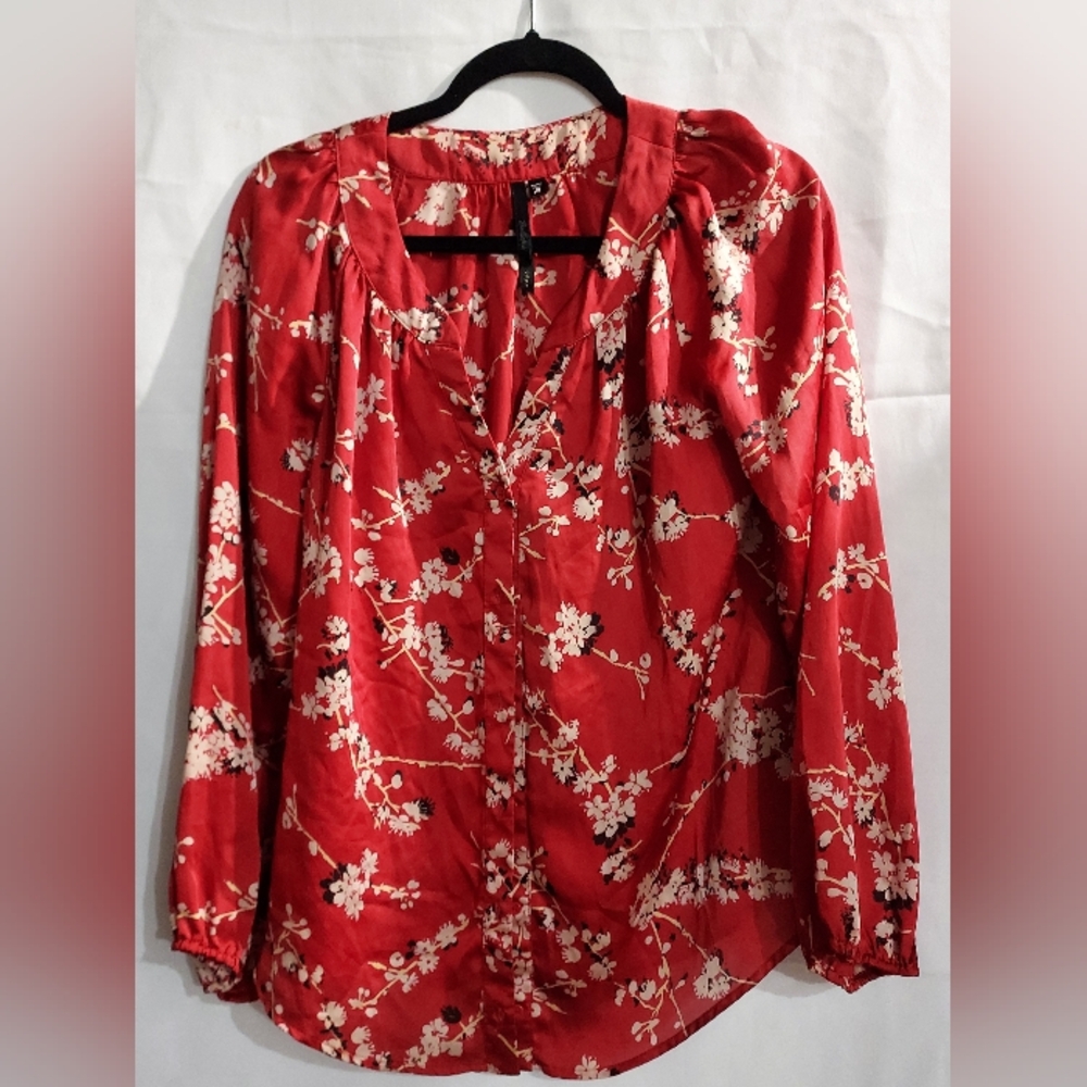 BELLATRIX Orange Floral Blouse Long Sleeve V Neck Silky